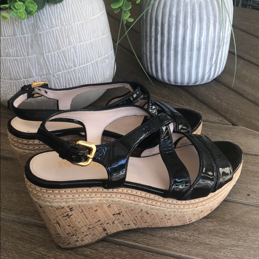 PRADA Patent Leather Cork Platform Wedge Sandal 37 - Picture 6 of 8